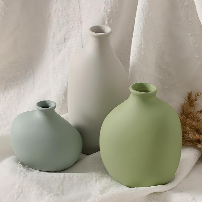 Small Ceramic Vase Set of 3, Modern Neutral Decorative Pottery Vases | Three different shapes with soft matte colors, perfect for shelves, tables, dried flowers and home styling.