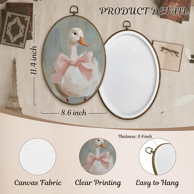LKETW Coquette Pink Bow Goose Oval Wall Art Decor, Vintage Goose Oval Canvas Hanging Decor, Preppy Farmhouse Animal Wall Decorations for Girly Room Bedroom Dorm Home, 8.6x11.4 Inch