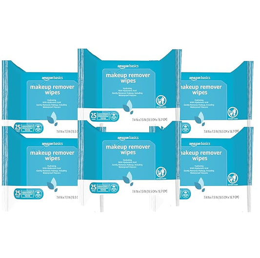 Amazon Basics Makeup Remover Wipes, Gentle Cleansing, Dermatologist Tested, Hydrating, Plant Based, Alcohol-Free, Removes Waterproof Mascara, 25 Count Per Pack, Pack of 6