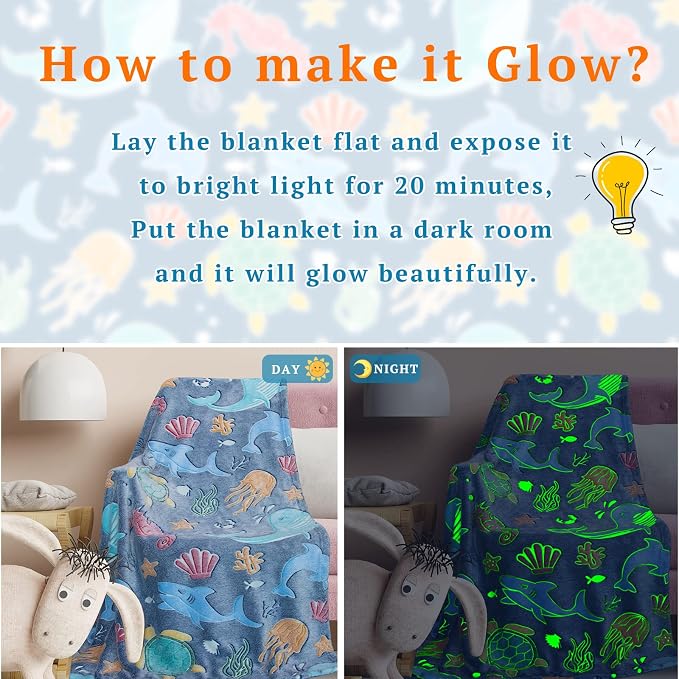 Glow in The Dark Ocean Blanket for Girls Kids, Turtle Fish Soft Throw Blanket for Couch Bed, Graduation Birthday for Boys Girls Kids 50" x 60"