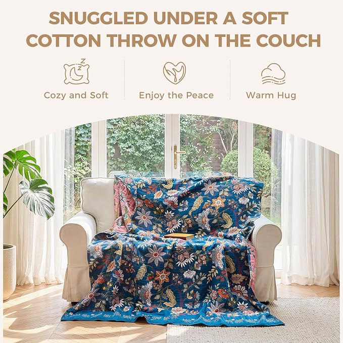 LUTBM Boho Throw Blanket for Couch 50"x60", Cotton Decorative Bed Throw | Blue Reversible Floral Jacquard, All-Season Blankets, For Chair Sofa Living Room Decor, Lightweight Breathable Gauze