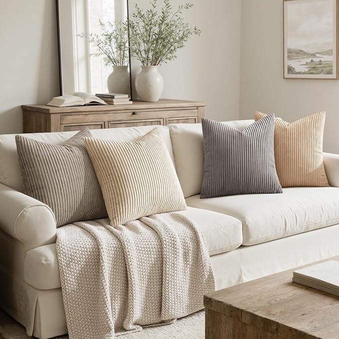 MIULEE Soft Corduroy Decorative Throw Pillow Covers Neutral Cream 18x18 | Set of 4, Mordern Nordic Home Decor, Cozy Cream Collection, Boho Farmhouse Cushion Covers for Couch Bed Sofa Living Room