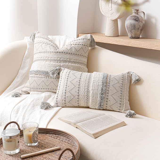 20X20 Throw Pillow Cover, Cream Neutral Square Decorative Cushion Cover with Gray Pattern, Boho Accent Pillowcase with Tufted Details and Tassels for Couch Sofa Living Room (Cover Only)