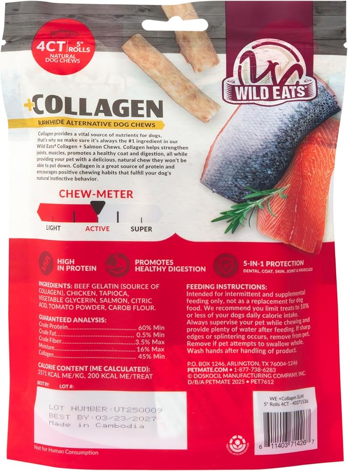 Wild Eats Salmon Flavor Collagen Cheek Roll Chews 5" 4pk Pig Ear Substitute | Long lasting treats and bones for medium dogs, retriever style texture, 4 per bag, satisfies natural gnawing urges daily