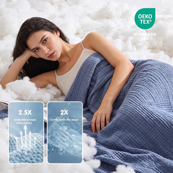 EMME Muslin Blankets for Adults, Cotton Large Throw Blanket 4-Layer, Couch Breathable Gauze Soft Lightweight Bed Blankets, Two-Tone Weave Design, Pre-Washed Softer Touch (Heather Navy, 50"x70")