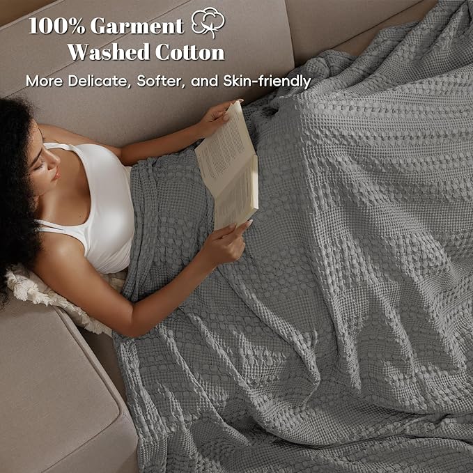 PHF 100% Cotton Waffle Weave Blanket King Size, Lightweight Breathable Summer Blanket for Hot Sleepers, Pre-Washed Soft Layer for Bed, Couch, Home Decor Gift, 108"x90", Dark Grey