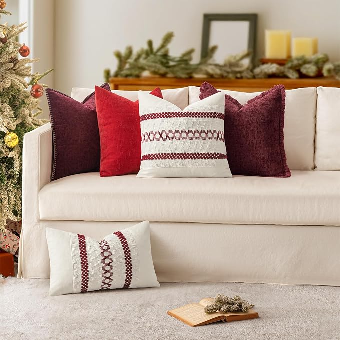 MIULEE Decorative Couch Throw Pillow Covers 20x20 Inch Burgundy Red 2 Pack | Farmhouse Pillow Covers with Stitched Edge, Soft Chenille Cushion Cases, for Sofa Bed Living Room Home Decor