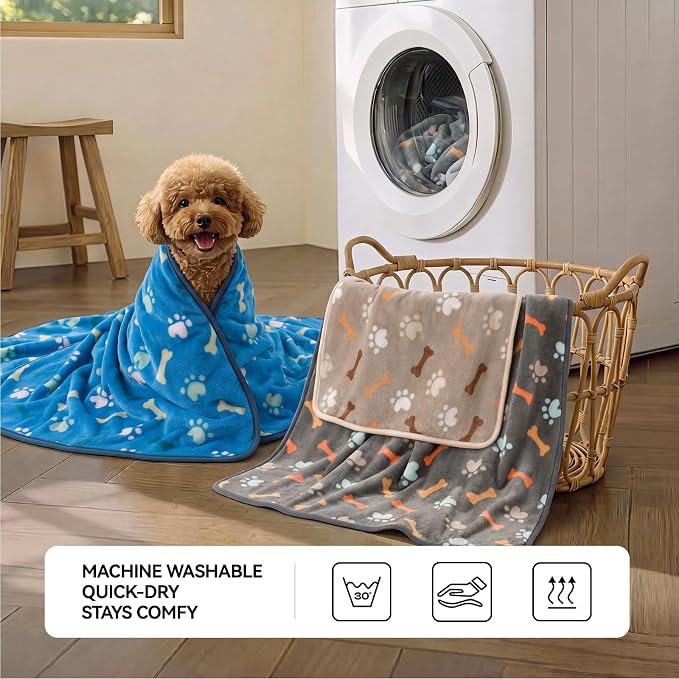LINENLUX Dog Blankets 3-Pack, Super Soft Fluffy Fleece Pet Throw Warm | Premium flannel fleece pet throw for cat, puppy. Cozy warm for bed, crate, or couch naps; Blue/Brown/Grey-3pcs 40x31 inch