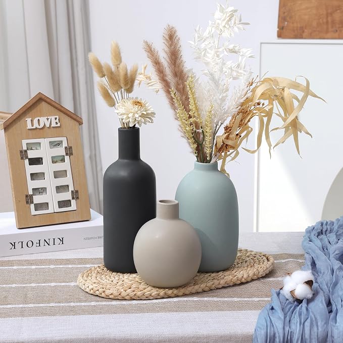Large Ceramic Vase Set of 3, Neutral Vases Home Decor Waterproof | Farmhouse Vases for Pampas Grass & Dried Flowers and Table Living Room Home Decor