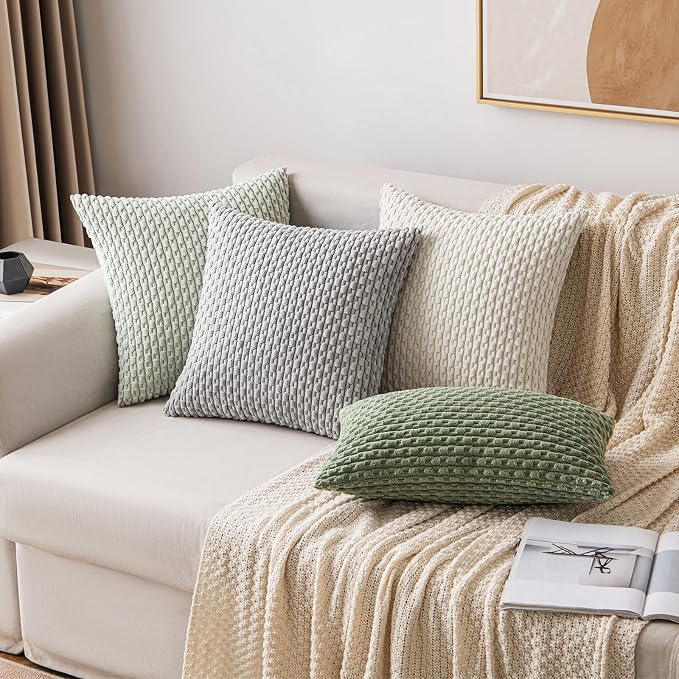 MIULEE Decorative Throw Pillow Covers 16x16 Light Green Textured Corduroy | Pack of 2 Striped Pillow Covers Modern Farmhouse Home Decor for Couch Bed Sofa Living Room