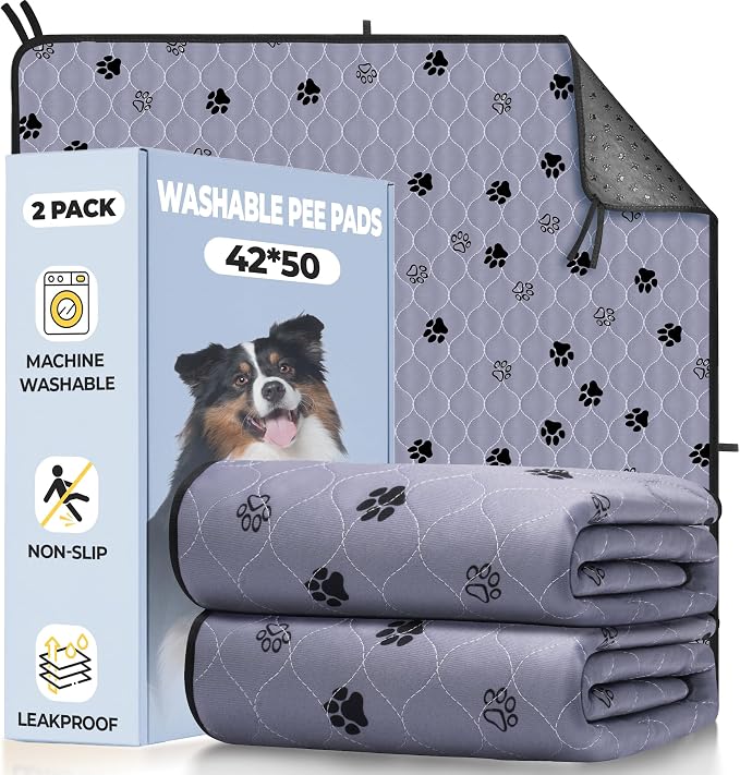 Fostanfly Non-Slip Washable Pee Pads for Dogs, 42''x50''-2 Pack, Gray | Extra Large, Ultra-Absorbent, Leak-Proof, Reusable Potty Training Pads for Dogs for Playpen, Crates with 8 Tie Straps