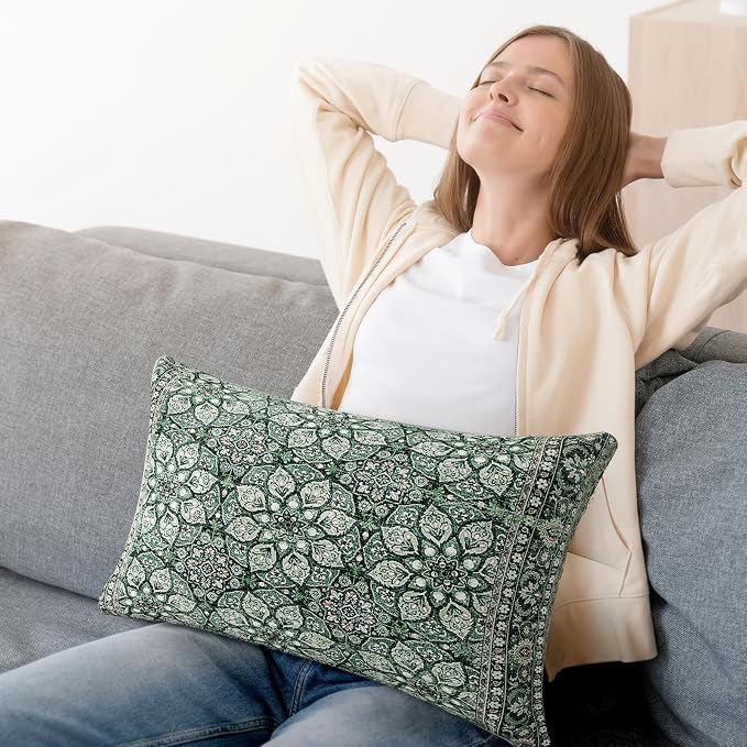Boho Throw Pillow Covers 12x20 inch Set of 2,Soft Pillowcases Bohemia Carpet Printing Pattern Decorative Sofa Living Room Bed Rectangle Pillow Case Cushion Cover-Green Flower
