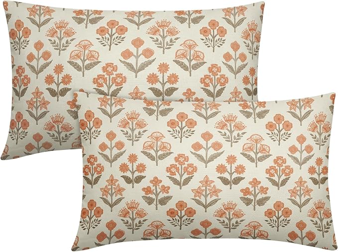 Brown Orange Floral Pillow Covers 12x20 Inch Set of 2, Block Print Lumbar Flower Cream Decorative Throw Pillowcases Outdoor Farmhouse Rectangle Cushion Covers Spring Summer Sofa Couch Bed Decor