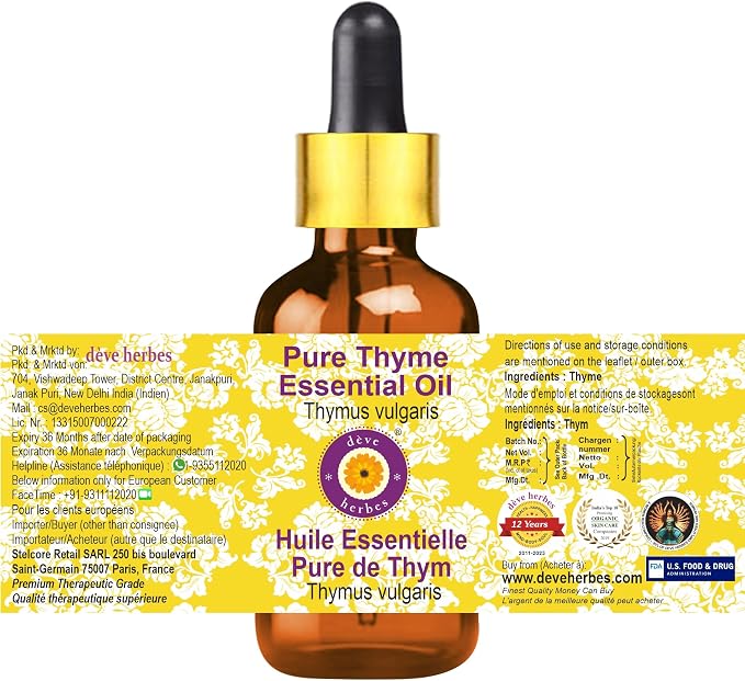 dève herbes Thyme Essential Oil (Thymus vulgaris) with Glass Dropper | Pure | Non-Sticky | Non-Greasy | Lightweight | Men & Women | All Skin Types | Steam Distilled 10ml (0.33 oz)