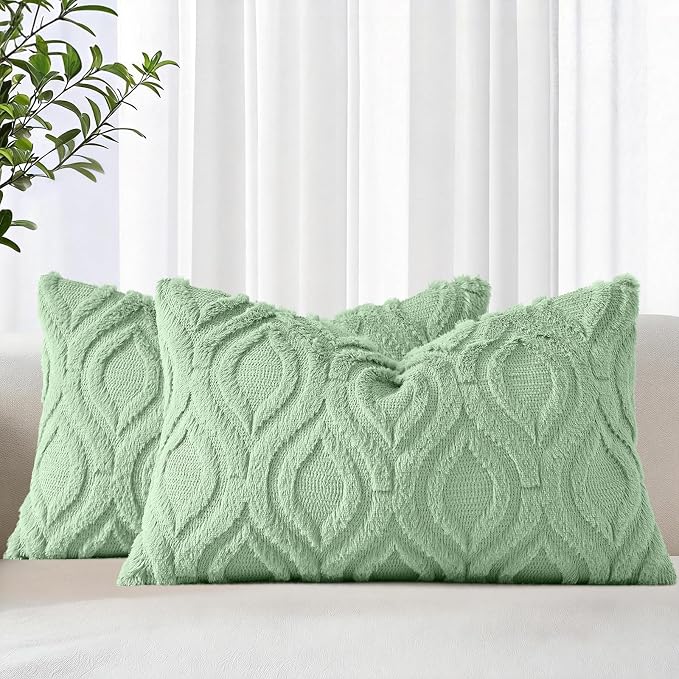 decorUhome Faux Fur Plush Sage Green Throw Pillow Covers 12x20 Set of 2 | Plush Solid Fall Couch Pillow Covers, Accent Modern Farmhouse Neutral Decorative Soft Pillow Cases for Sofa Bed Living Room