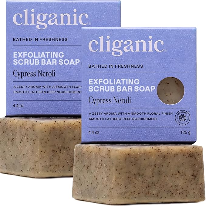 Cliganic Exfoliating Bar Soap – Body Scrub Soap with 98% Natural Ingredients Cleanses, Smooths & Revitalizes Skin, Moisturizing Soap Bar - Cypress Neroli (2 Pack)