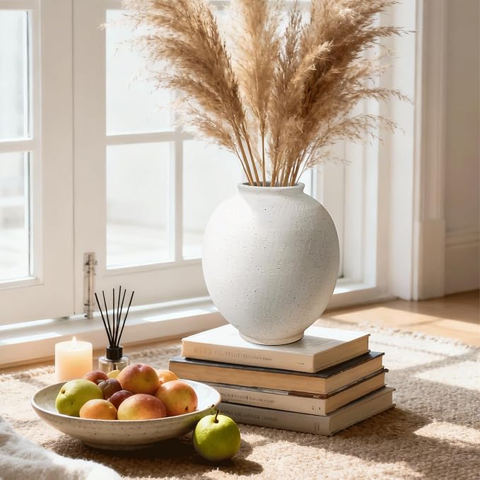 Starttag Large White Ceramic Vase, 9.8 inch Rustic Farmhouse Flowers Vase for Home Decor, Sandstone Texture Round Pottery Tall Vase Indoor for Table Living Room Decor