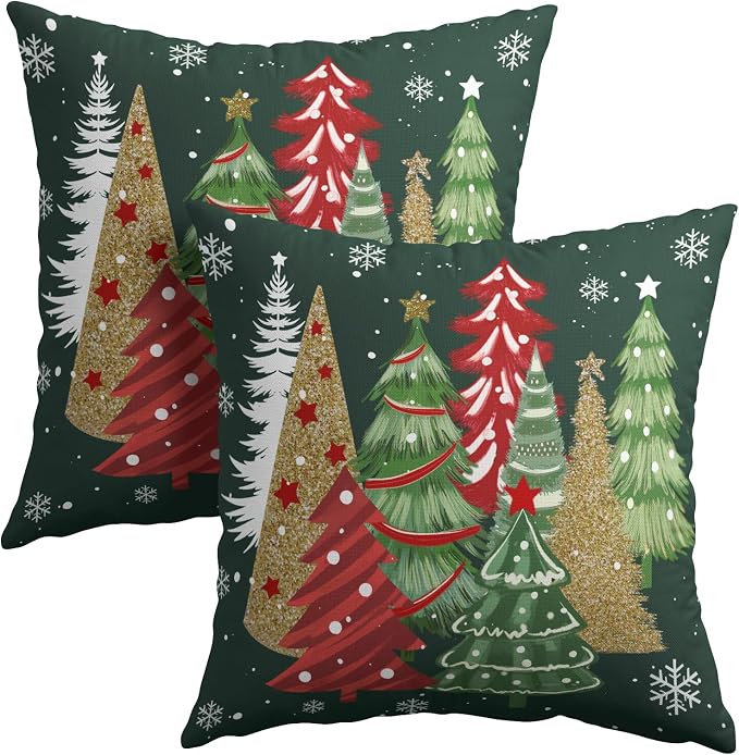 Kawani Christmas Tree Throw Pillow Covers 16x16 Inch Set of 2 Red Gold Green Pine Trees Decorative Pillows Pillowcase Square Cotton Linen Cushion Case for Bed Living Room Outdoor Car