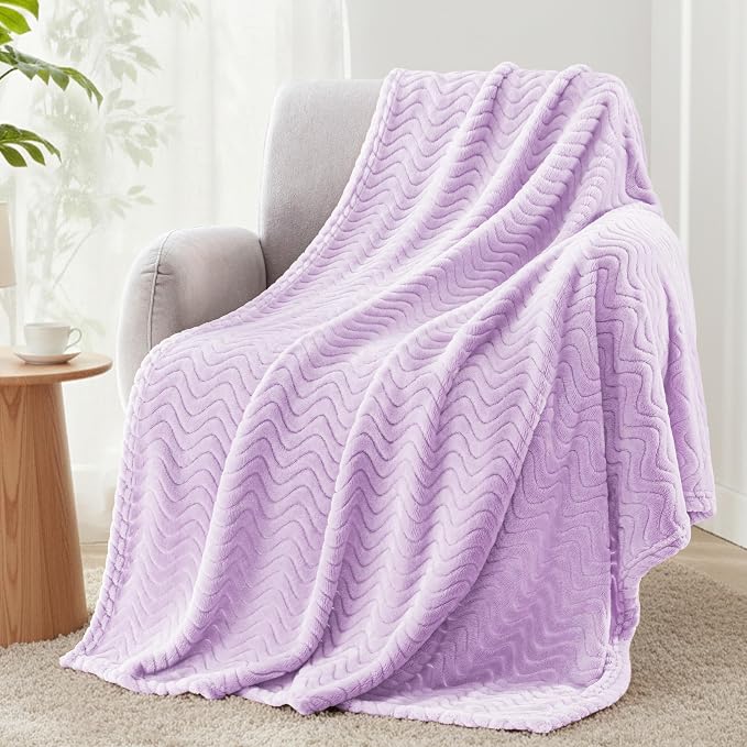 Exclusivo Mezcla Large Fleece Throw Blanket for Couch, Sofa, Lilac Purple | 50"x70" Soft Breathable Lightweight Flannel Throws for Summer, Plush Cozy Jacquard Wave Blanket for Home Decor