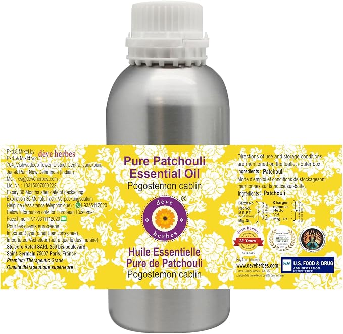 Deve Herbes Pure Patchouli Essential Oil (Pogostemon cablin) Steam Distilled 630ml (21 oz)