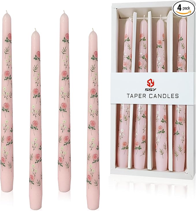 Rose Printed Taper Candle Smokeless- 4 Pack Handmade Pink Taper Candle - Dripless Uncented Candle 10 inches Long Flower Printed Tapered Candles for Mother's Day Home Wedding Restaurant Holiday Decor