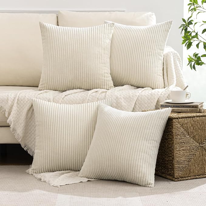 MIULEE Soft Corduroy Decorative Throw Pillow Covers Cream White 18x18 | Set of 4, Mordern Nordic Home Decor, All Same Color Set, Boho Farmhouse Cushion Covers for Couch Bed Sofa Living Room
