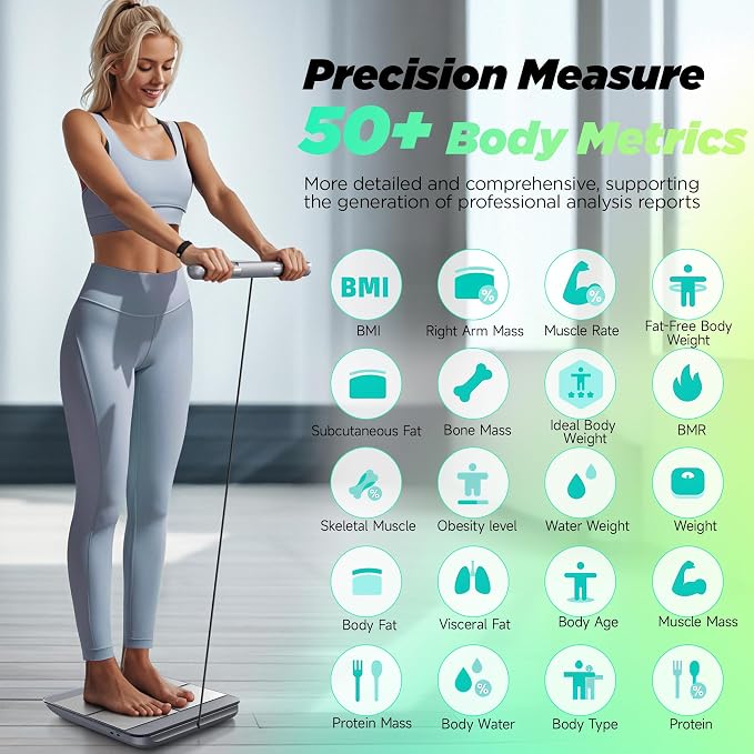 RunStar 8-Electrode Scale for Body Weight, Accurate Body Composition Scale with BMI Body Fat Muscle Mass 50+ Metrics, Rechargeable Body Analyzer with Large Screen Handle, 400lb, Silver
