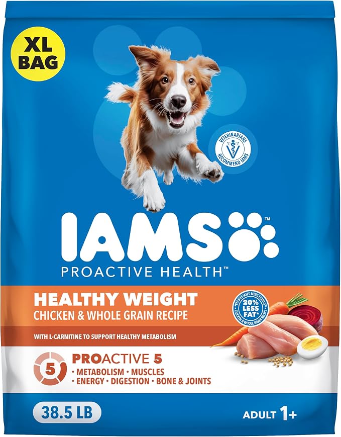 IAMS Proactive Health Healthy Weight Dry Dog Food, Chicken, 38.5 lb | Real chicken #1 ingredient, L-Carnitine for metabolism, strong muscles, no fillers or artificial flavors, vet-recommended