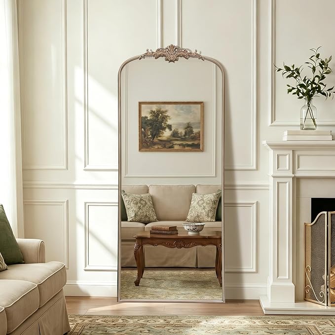 Besdomus Antique Mirror Full Length: 26"x63" Champagne Arched Body Mirrors | French Floor Standing Metal Framed - Vintage Baroque Traditional Ornate - Ideal for Foyer/Cloakroom/Bedroom/Dressing Room