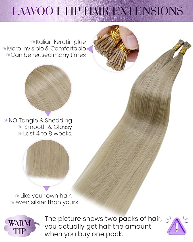 LaaVoo I Tip Hair Extension Real Human Hair Balayage Itip Hair Extensions Highlights Light Blonde to Golden Blonde I Tip Hair Extensions Cold Fusion 20inch 100g 100s