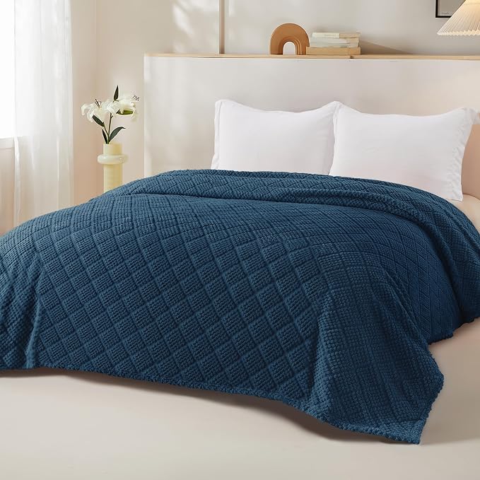 Whale Flotilla Soft Fleece King Size Blanket for Bed, Navy Blue | Jacquard Waffle Blankets for Home Decor, Lightweight and Cozy, All Season Suitable, 90x104 Inch