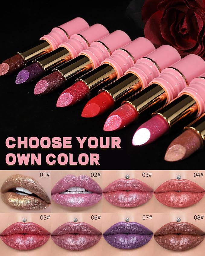 Glitter Metallic Shimmer Lipstick Long Lasting,Glitter Diamond Shine Red Color Matte Lipstick Transfer Proof Non-Stick Lip Gloss Shimmer Highly Pigmented Full Coverage Lip Makeup for Women-06