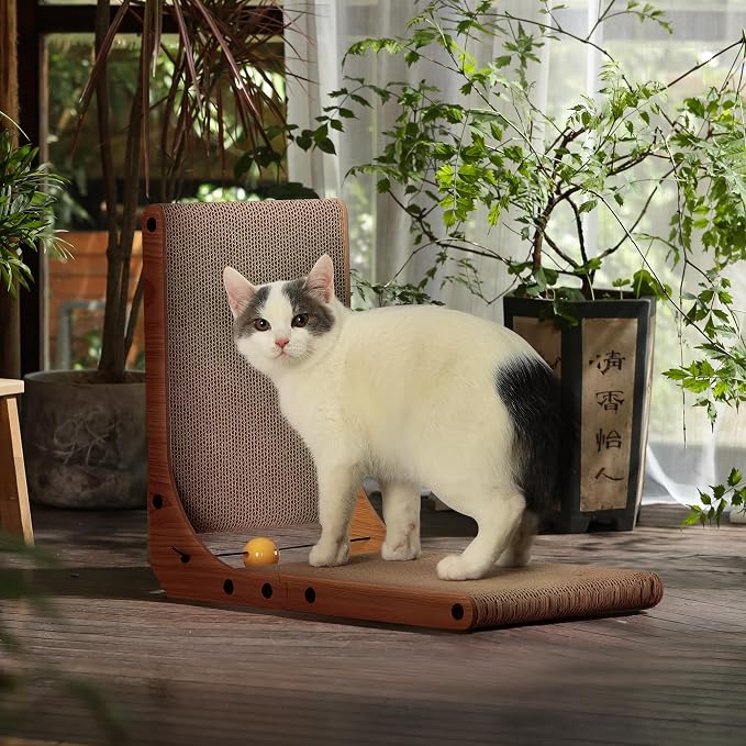 FUKUMARU Cat Scratcher, 18.9 Inch L Shaped Cat Scratch Pad for Indoor Cats | Vertical Cat Scratching Board with Ball Cat Toy, Cardboard Cat Scratcher for Wall Sofa Couch, Kitten Scratching Post