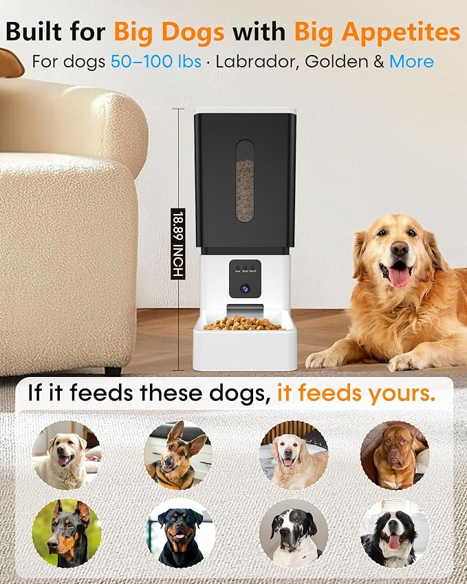 Automatic Dog Feeder, 12L Dog Food Dispenser Automatic for Large Breed | Anti-Clog 0.78inch Large Kibble, 20 Days Food Capacity, 1080P HD Camera, APP Control for Office Workers
