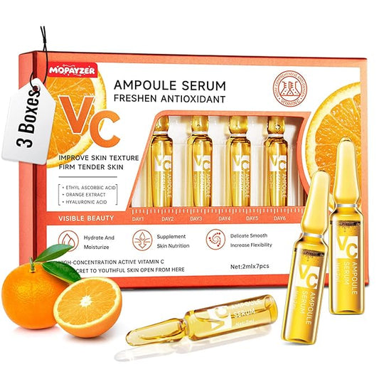 Vitamin C Face Serum, Hyaluronic Acid + Niacinamide + Ascorbic Acid, Anti Aging Facial Serum Ampoules for Wrinkles, Firmness & Moisturizing, Organic Vitamin C for Face with Three Boxes of 21 Ampoules