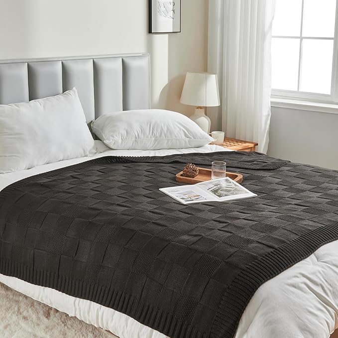 CozeCube Jet Black Knitted Checkered Throw Blanket 60"X80" | Check Knit Throw for Couch, Decorative Christmas Soft Cozy Warm Blanket for Bed Sofa Living Room