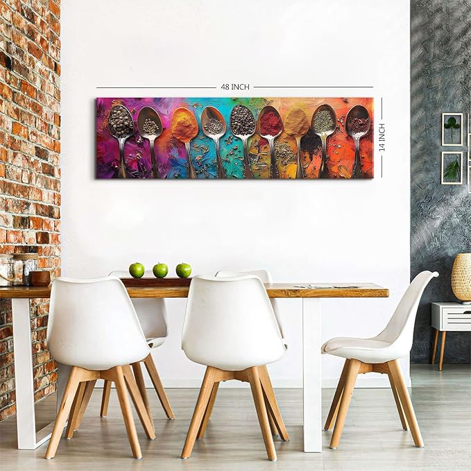 Colorful Spices Seasoning Spoon Canvas Wall Art Kitchen Wall Decor Large Abstract Seasoning Herb Picture for Dining Room Home Bar Decorations Watercolor Food Poster Contemporary Artwork 14x48”