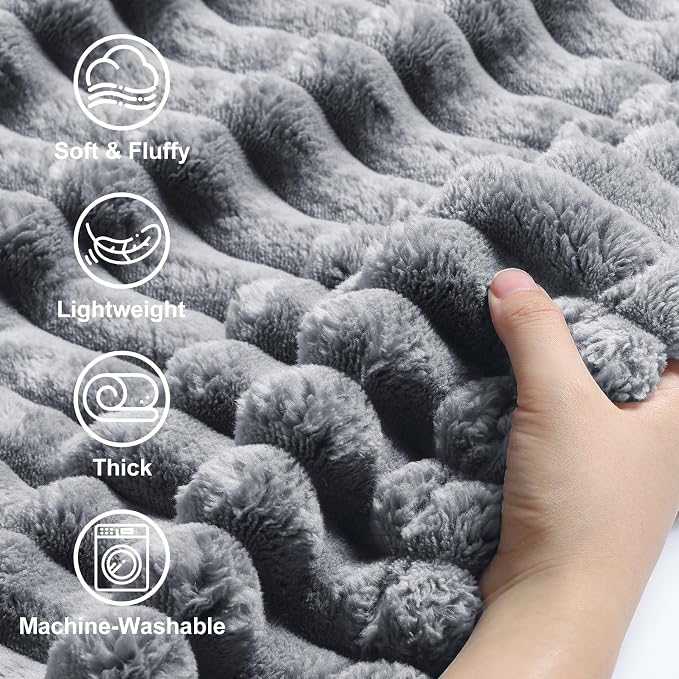 decorUhome Grey Fleece Throw Blanket 50x60 Inches | Soft Couch Cozy Fluffy Plush Flannel Striped Blanket for Sofa Bed, Lightweight Decorative Ribbed Fuzzy Blanket for Woman