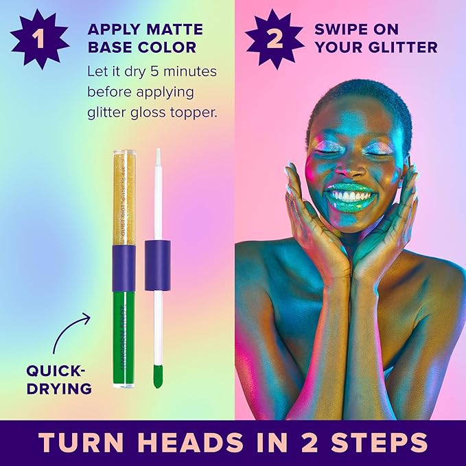 UNICORN SNOT Quiet Riot Glitter Lip Duo | 2-in-1 Set: Matte Lipstick & Plastic-Free Glitter | 0.15oz Green Lipstick & 0.16oz Gloss, Aura
