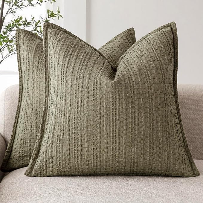 Foindtower Set of 2 Decorative Cotton Waffle Weave Throw Pillow Covers Euro Shams Cushion Covers Accent European Pillowcase for Bed Couch Sofa Bedroom Living Room Home Decor 18×18 Inch Olive Green
