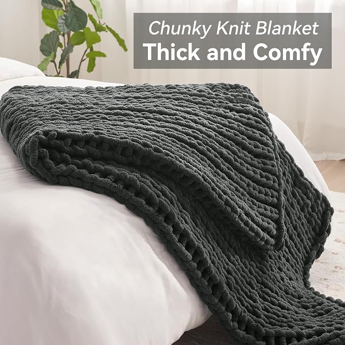 Negwoo Chunky Knit Throw Blanket, Knitted Throw Chenille Yarn, 30"*40" | Soft Thick Cable Knitted Blankets, Handmade Big Thick Blanket, Machine Washable Cute Comfy Blanket for Home Decor, Dark grey