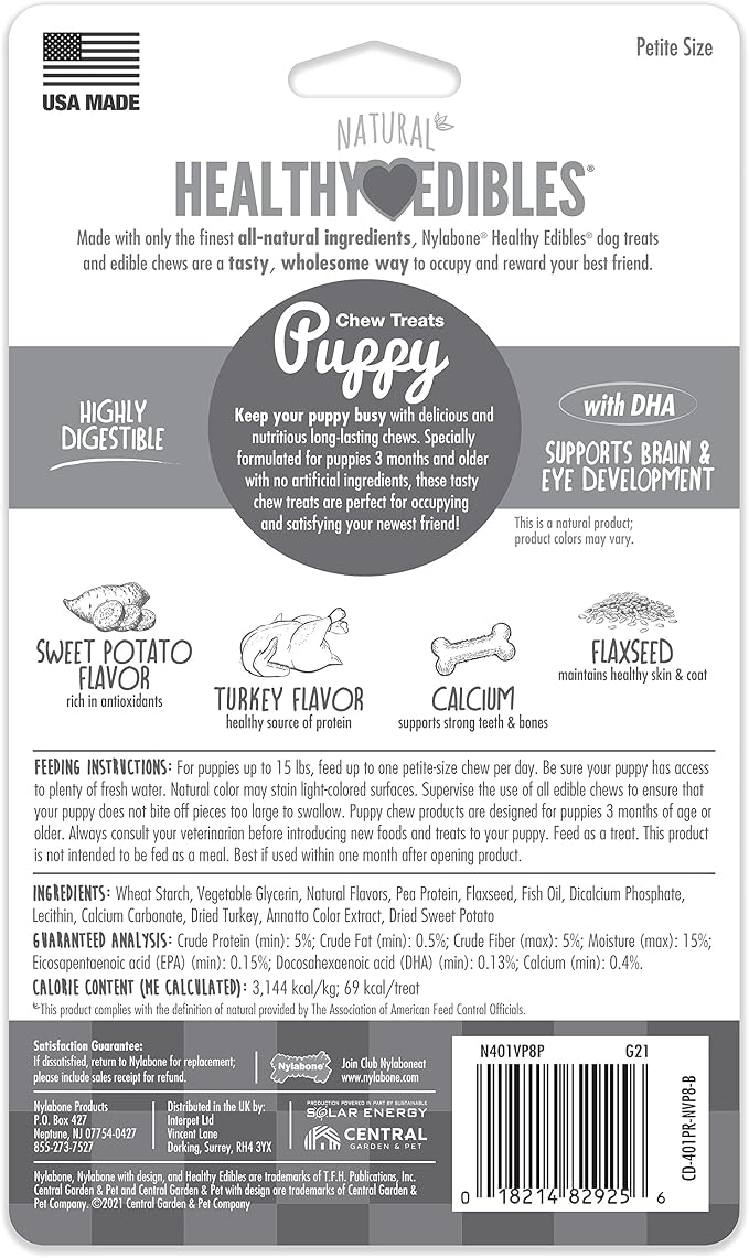 Nylabone Healthy Edibles Puppy Dog Treats, 8 Count | Turkey & sweet potato flavor, natural puppy treats, USA made, highly digestible, small dog treats for puppies up to 15 lbs