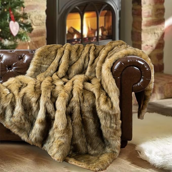 BATTILO Golden Faux Fur Throw Blanket for Couch, 50"x60", Thick Warm | Luxury Soft Cozy Plush Elegant Furry Fluffy Faux Fur Blanket for Bed, Sofa, Living Room, Long Pile with Black Tips