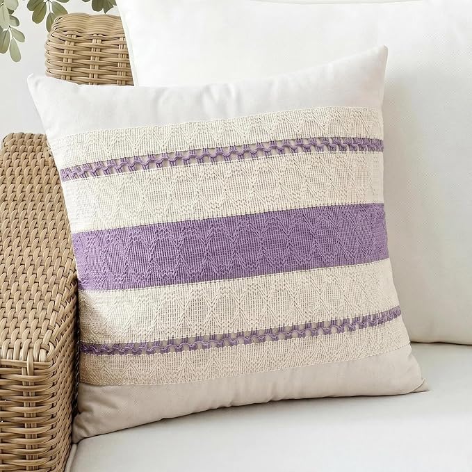 Fancy Homi Set of 1 Boho Lavender Decorative Throw Pillow Cover 18x18 Inch for Couch Bed Sofa, Aesthetic Modern Organic Farmhouse Home Decor, Soft Cotton Cute Accent Macrame Woven Cushion Case