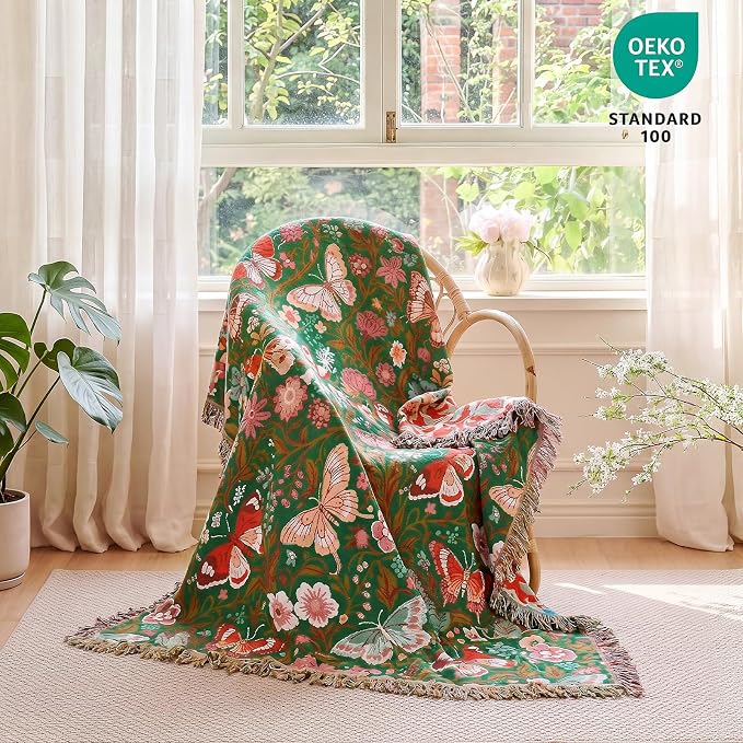 MSGKV Boho Throw Blanket 50"x60" Summer Cotton Butterfly Floral Blanket | 100% Cotton Muslin, Butterfly Throw Blanket, Reversible Jacquard Weave, Soft & Breathable, Machine Washable