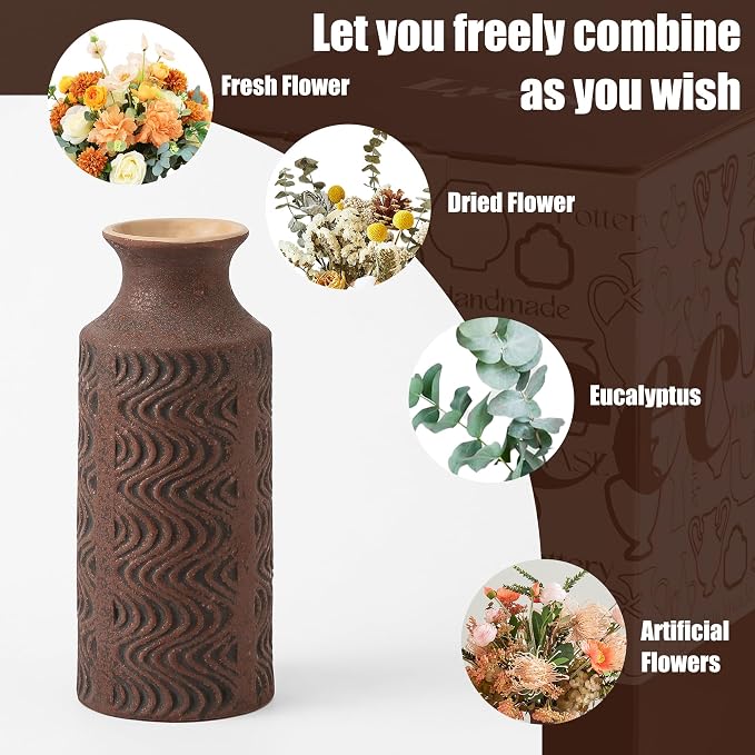 Rustic Ceramic Vase, 11 Inch Tall Vintage Flower Vase for Decor | Farmhouse Vase Adds Vintage Charm to Centerpieces, Tabletop, and Home Decor, Perfect for Christmas and Rustic Style Spaces