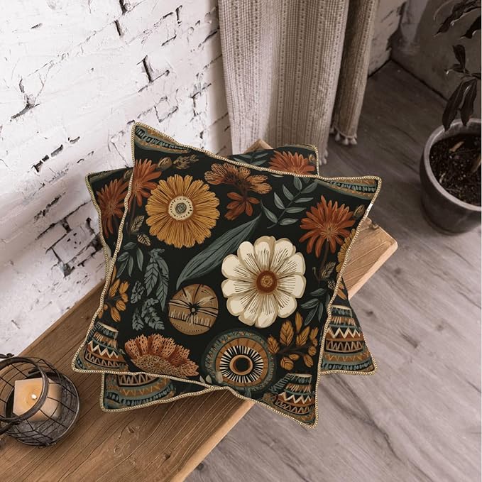 KSLIDS Boho Flower Soft Velvet Throw Pillow Covers Set of 2 Modern Abstract Retro Bohemian Flower Decorative Pillow Covers 16x16 Inch Mid Century Tropical Leaves Pillow Case for Sofa Couch Home Decor