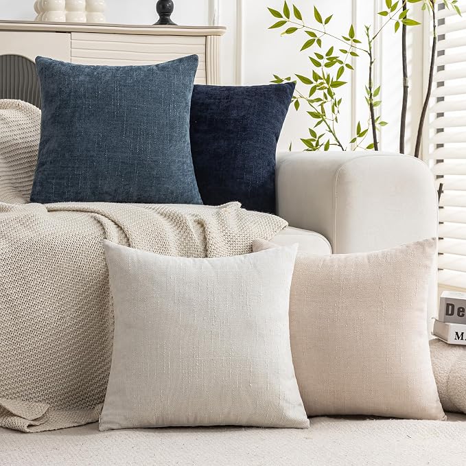 Set of 4 Soft Textured Decorative Throw Pillow Covers 18x18 Inch Cozy Farmhouse Cushion Cover Square Accent Pillow Cases for Bed Couch Sofa Living Room, Beige White Blue