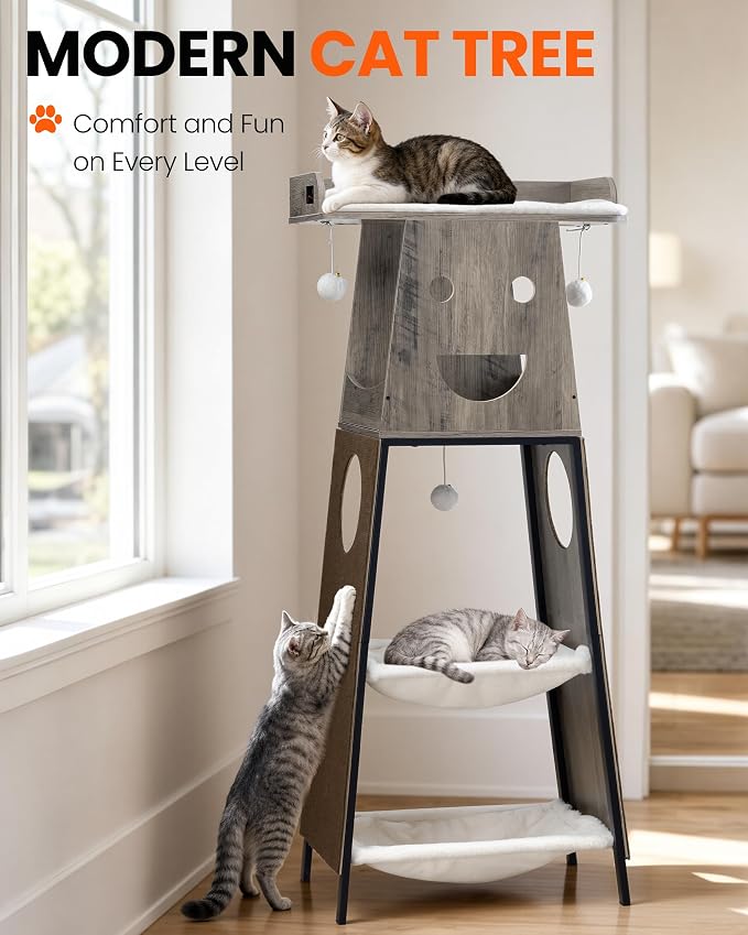 56in Modern Wood Cat Tree Tower for Indoor Cats with Hammock | Multi-Level Climbing Design, 2 Spacious Hammocks, Top Perch, Cat Condo, Scratching Boards, Ideal for Multi-Cat Homes,Greige