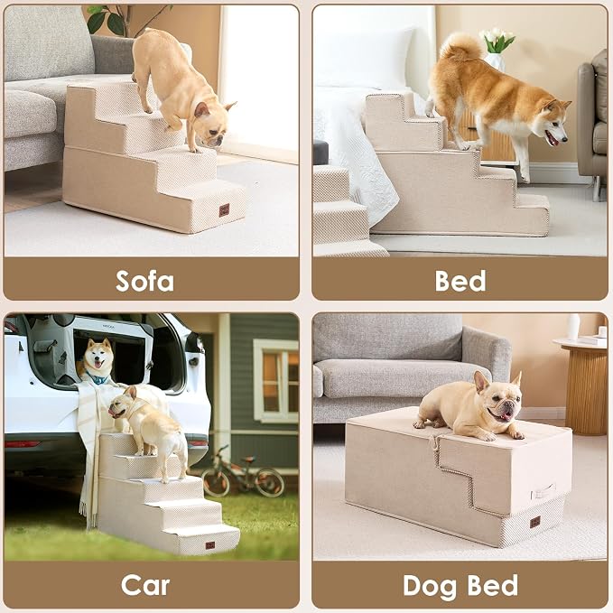 EHEYCIGA Dog Stairs for Bed 18" H, 4-Step Extra Wide Dog Steps for High Bed, Pet Steps for Small Dogs and Cats, Non-Slip Balanced Pet Ramp Indoor, Beige